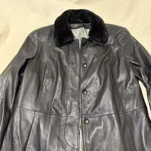 Women's Black Leather Coat with Detachable Fur Collar 2X
